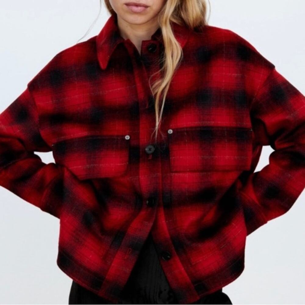 Zara Plaid Shacket Jacket Tartan Wool Blend Western Fall Oversized Red Size XS